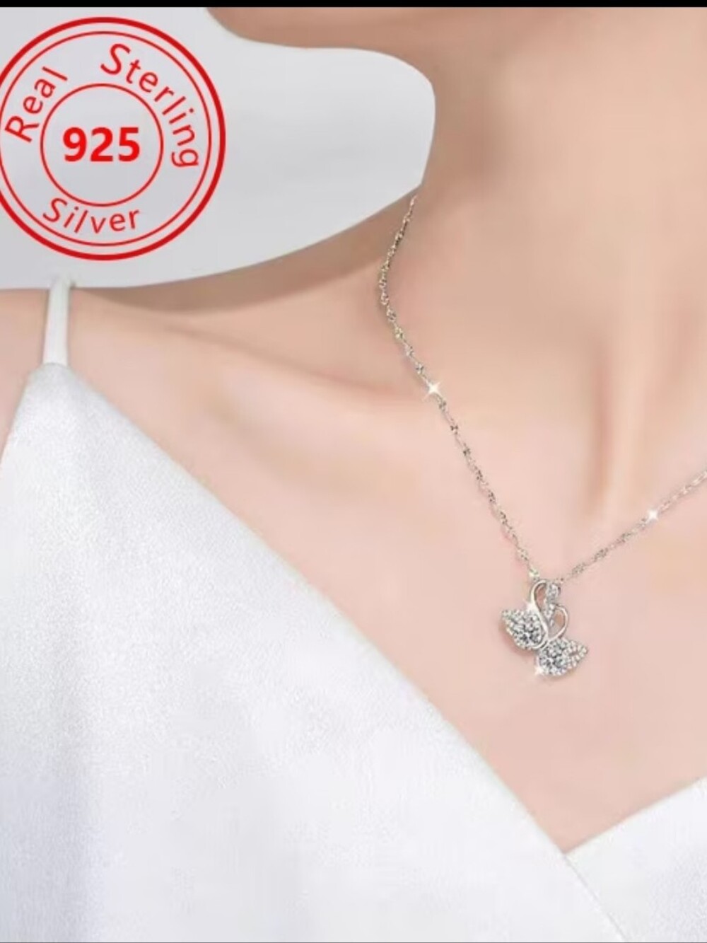Luxury Double Swan Rhinestone Necklace. Sterling Silver Plated. NWT.